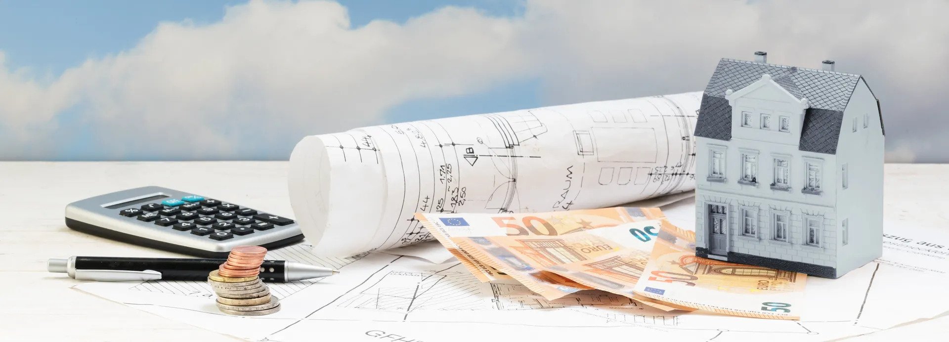 Blueprint, house, money, calculator, pen